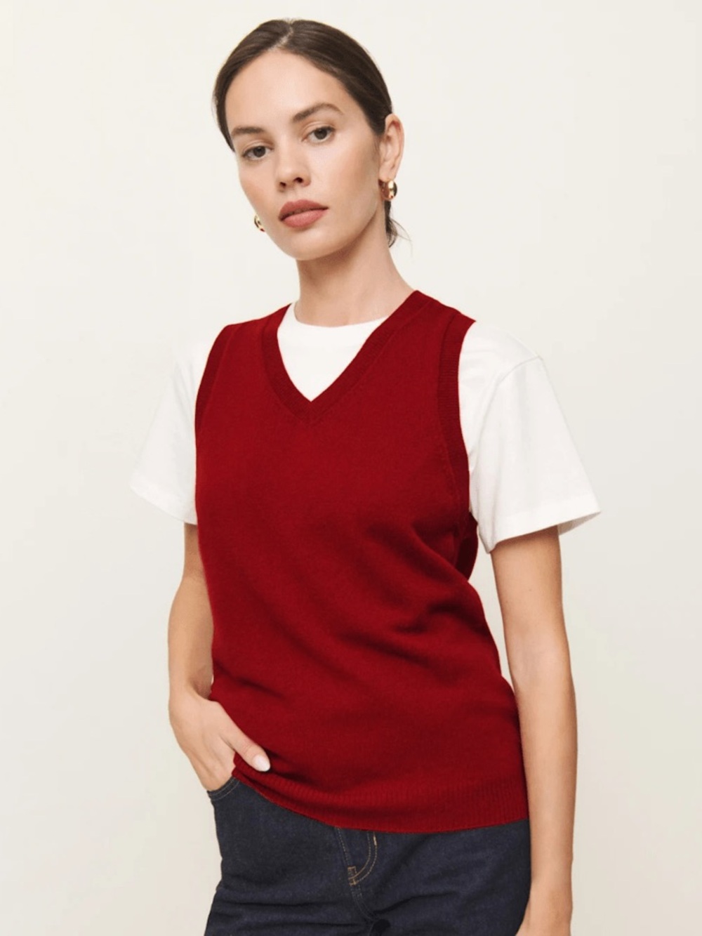 Reformation Reese Cashmere Tank V-Neck Knit Sweater Vest Crimson Red NEW‎ Fall